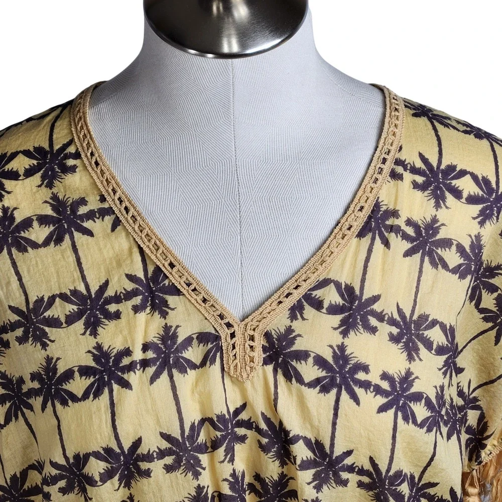 Z&L‎ Europe Cover Up Yellow Palm Tree Print Tassels Beach Pool Swim Vacation
